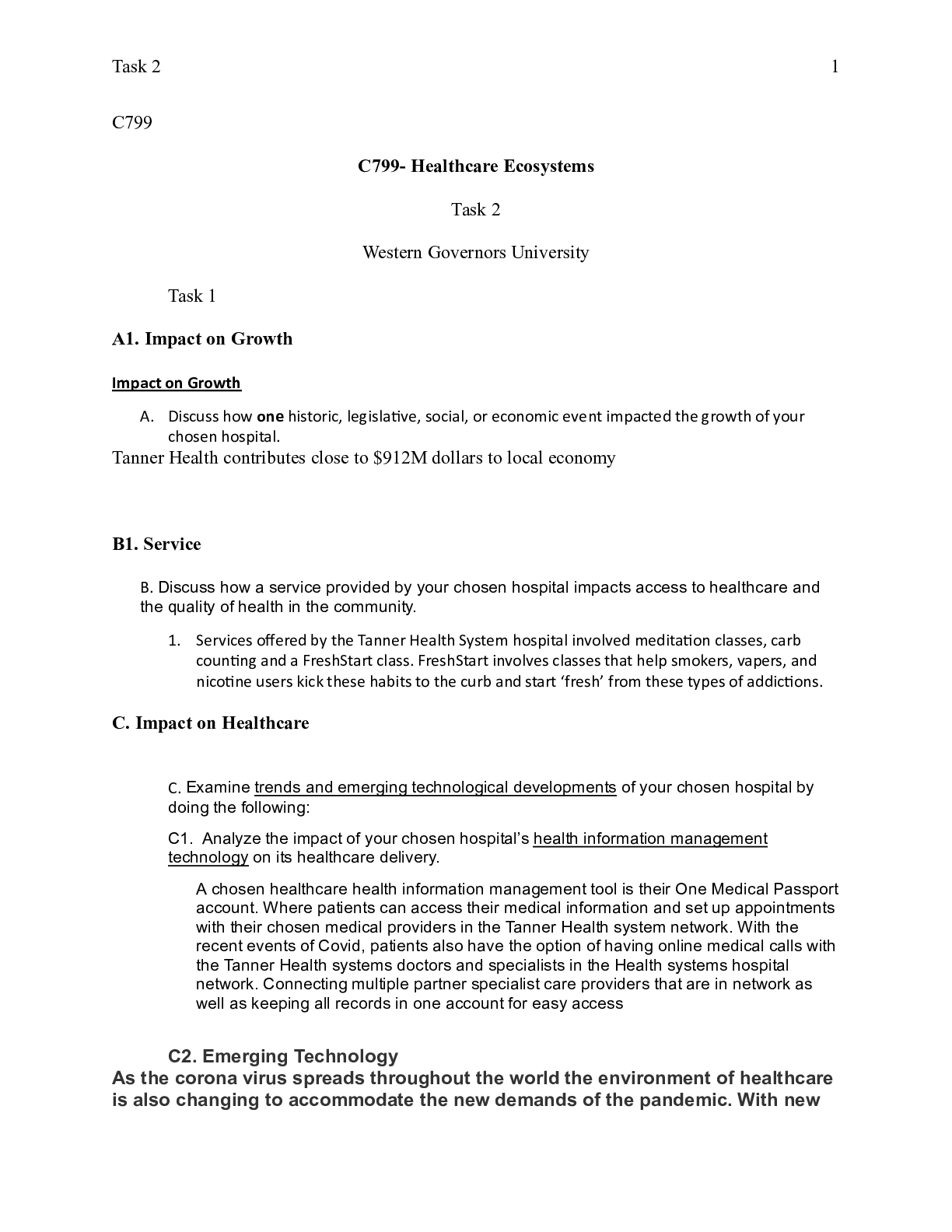 Preview of task 2 draft.docx   C799 C799- Healthcare Ecosystems Task 2 Western Governors University T